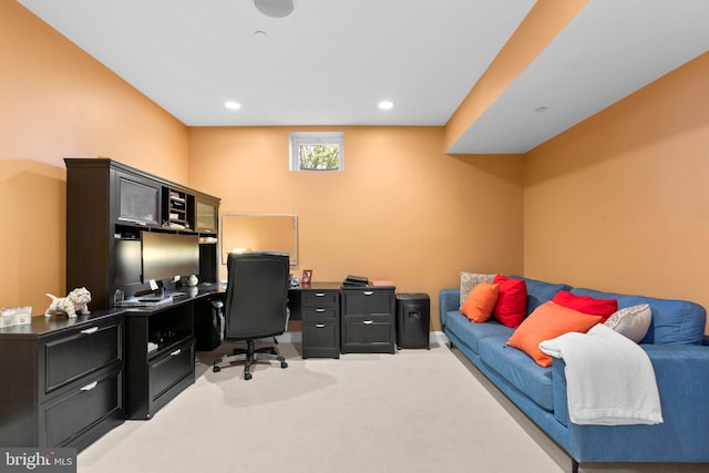 home office featuring light colored carpet and recessed lighting
