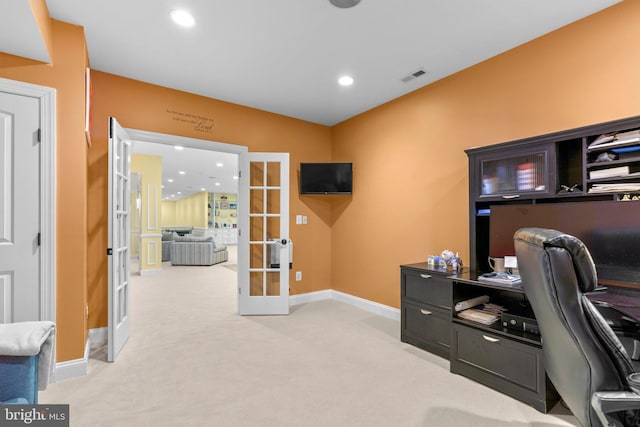 office with french doors, light carpet, baseboards, visible vents, and recessed lighting