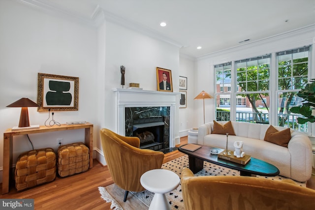 979 Powhatan St, Alexandria, VA 22314 - living room with crown molding, visible vents, wood finished floors, recessed lighting, and a premium fireplace