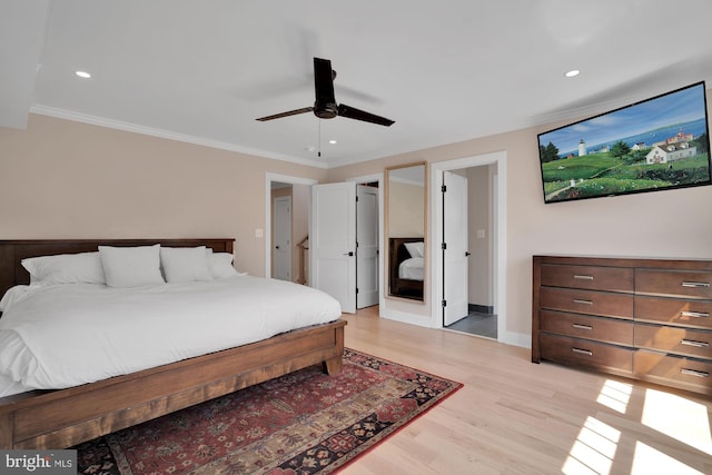 bedroom featuring light wood-style floors, recessed lighting, ornamental molding, ceiling fan, and baseboards