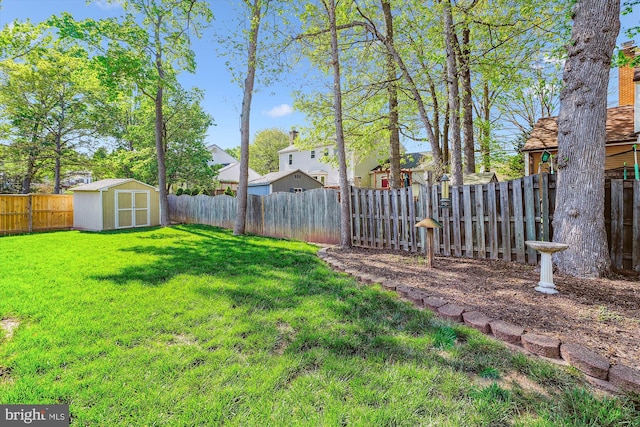 15690 Buck Ln, Dumfries, VA 22025 - view of yard with a fenced backyard, an outdoor structure, a residential view, and a shed