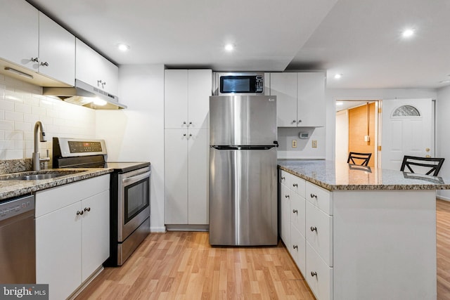 kitchen with a sink, stainless steel appliances, light wood-style flooring, and under cabinet range hood