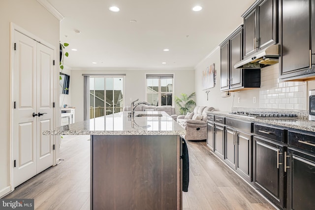 kitchen with ornamental molding, open floor plan, under cabinet range hood, stainless steel appliances, and a sink