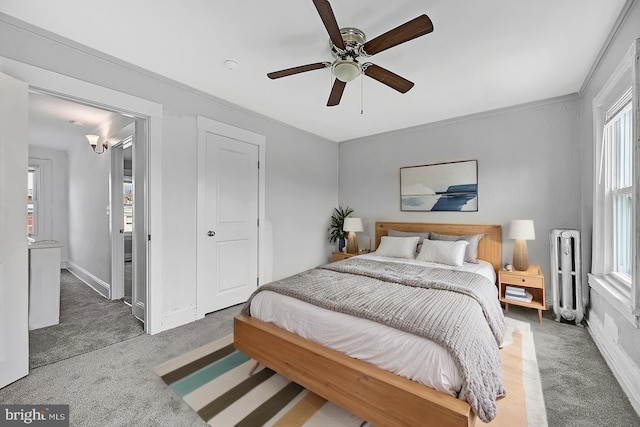 bedroom featuring radiator, multiple windows, and carpet floors