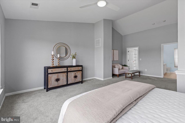 20973 Killawog Ter, Ashburn, VA 20147 - bedroom with carpet flooring, high vaulted ceiling, baseboards, ensuite bath, and ceiling fan