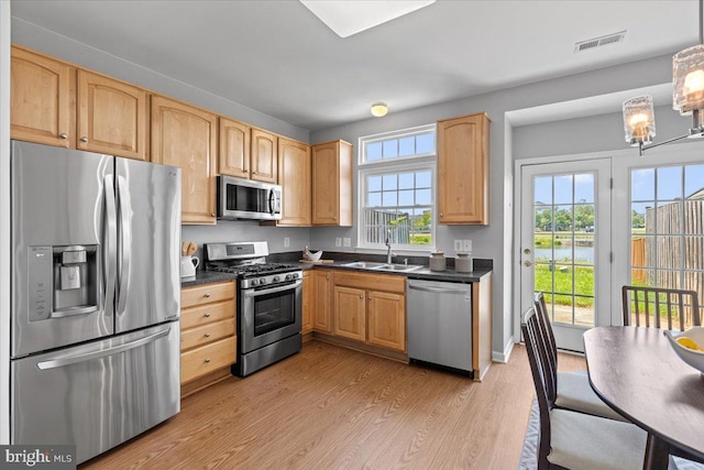 20973 Killawog Ter, Ashburn, VA 20147 - kitchen with appliances with stainless steel finishes, a sink, dark countertops, light wood-style flooring, and light brown cabinetry