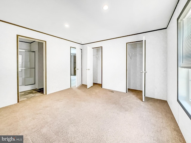 309 Fern Rd, Millville, NJ 08332 - unfurnished bedroom featuring two closets, light colored carpet, recessed lighting, ornamental molding, and ensuite bath
