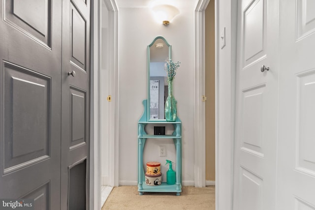 hallway featuring baseboards and carpet floors