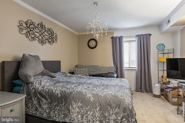 carpeted bedroom with crown molding, an inviting chandelier, and visible vents