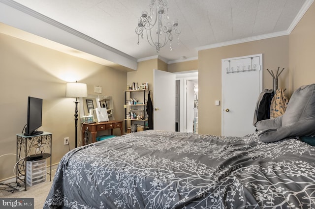 carpeted bedroom with a notable chandelier and ornamental molding