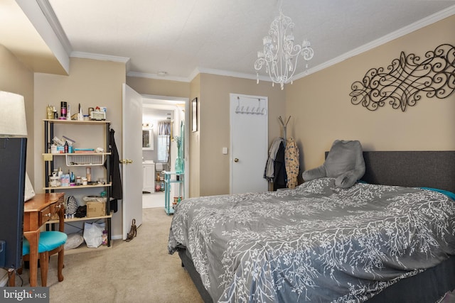 carpeted bedroom with a chandelier and crown molding