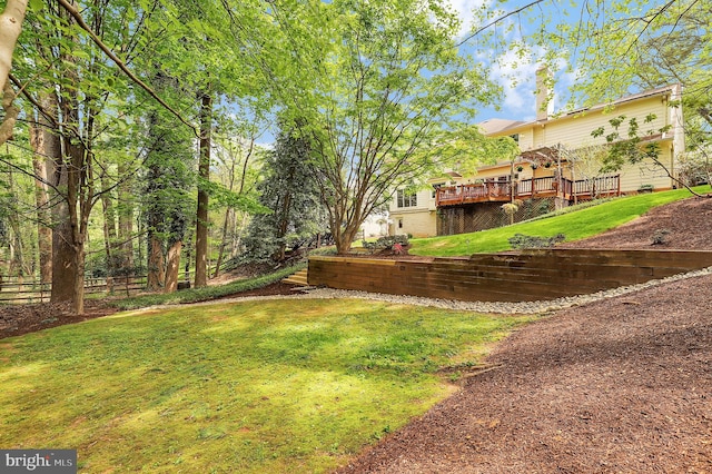 view of yard with fence and a wooden deck