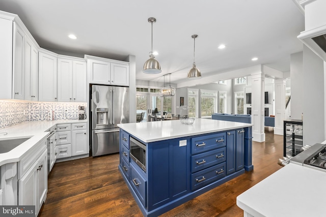 59 N Ridgemont Way, Shepherdstown, WV 25443 - kitchen with stainless steel appliances, blue cabinetry, recessed lighting, white cabinets, and dark wood-type flooring