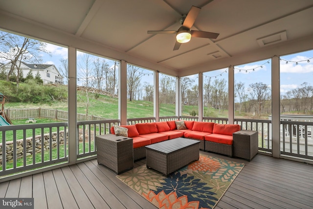 59 N Ridgemont Way, Shepherdstown, WV 25443 - sunroom featuring an outdoor hangout area, ceiling fan, and healthy amount of natural light