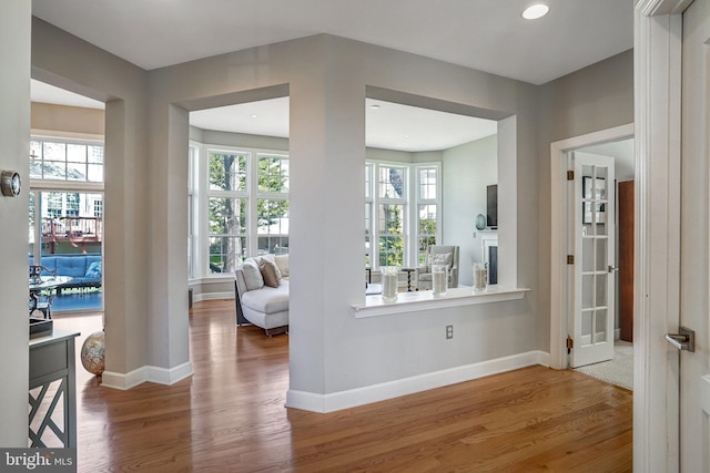 entryway featuring wood finished floors, healthy amount of natural light, baseboards, and recessed lighting
