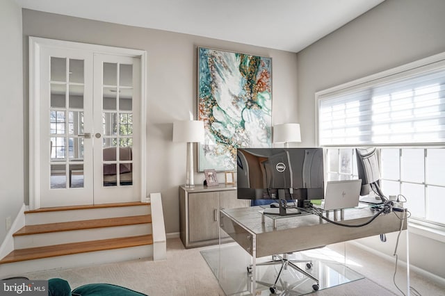 office space with carpet, baseboards, and french doors