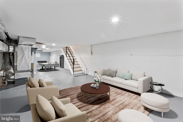 living area featuring pool table, concrete floors, stairway, and recessed lighting