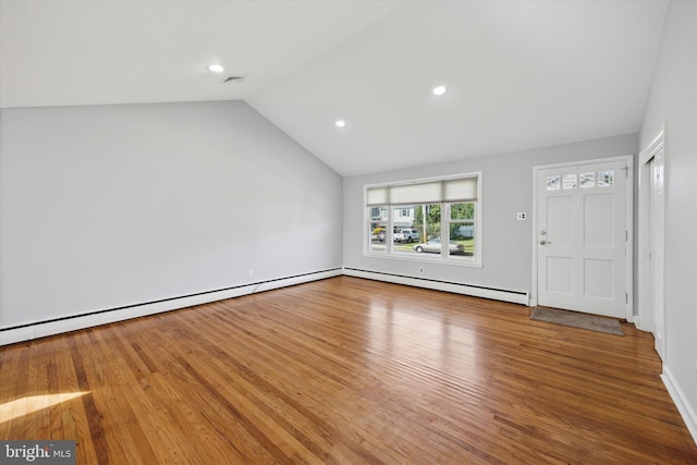 unfurnished living room featuring visible vents, baseboard heating, vaulted ceiling, wood finished floors, and recessed lighting