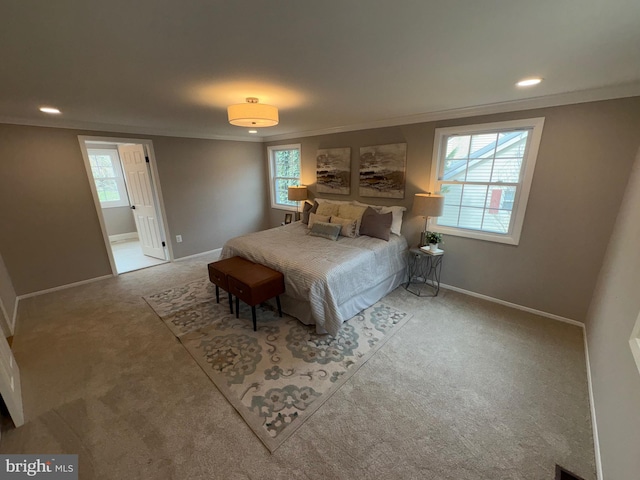 bedroom featuring baseboards, crown molding, carpet floors, and recessed lighting