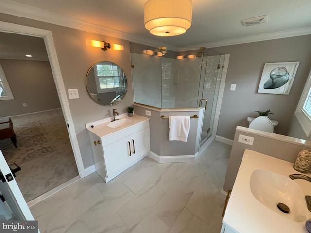 bathroom featuring marble finish floor, visible vents, a sink, and ornamental molding