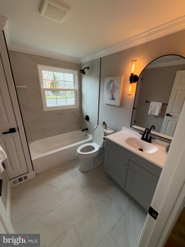 full bath with visible vents, ornamental molding, toilet, vanity, and shower / bathtub combination