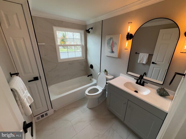 bathroom featuring vanity, crown molding, toilet, marble finish floor, and washtub / shower combination
