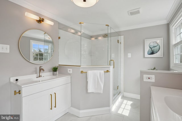 full bathroom with crown molding, a wealth of natural light, visible vents, and vanity