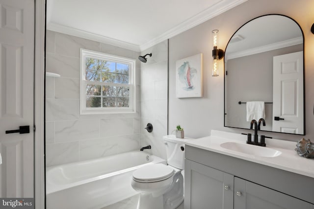 full bath with shower / washtub combination, crown molding, toilet, and vanity
