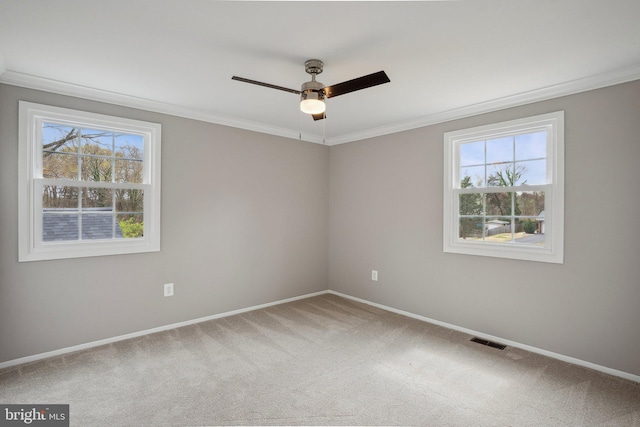 empty room with carpet floors, a healthy amount of sunlight, and crown molding