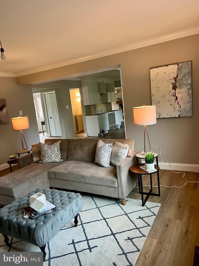 living room featuring baseboards, crown molding, and wood finished floors