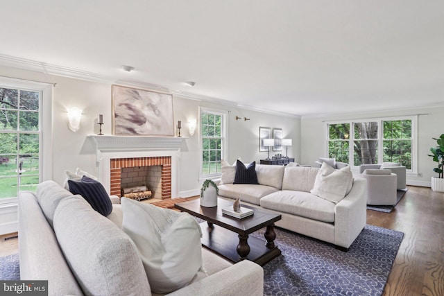 living area featuring healthy amount of natural light, wood finished floors, crown molding, and a fireplace