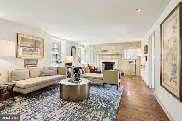 living area with wood-type flooring and a fireplace