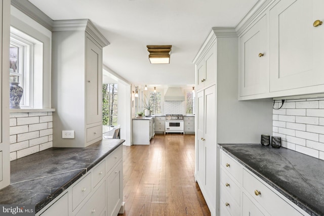 kitchen with high end stove, backsplash, custom exhaust hood, wood finished floors, and dark stone counters