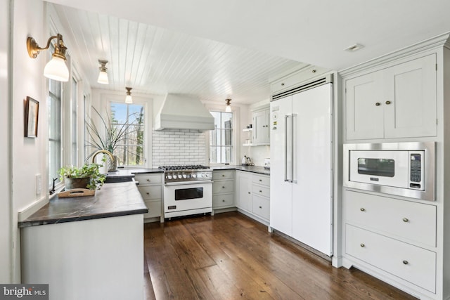 kitchen featuring built in appliances, custom exhaust hood, a sink, dark wood-style flooring, and dark countertops