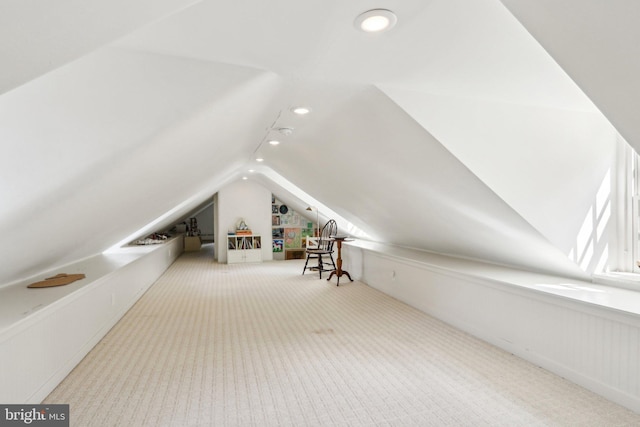 bonus room with carpet, vaulted ceiling, and recessed lighting