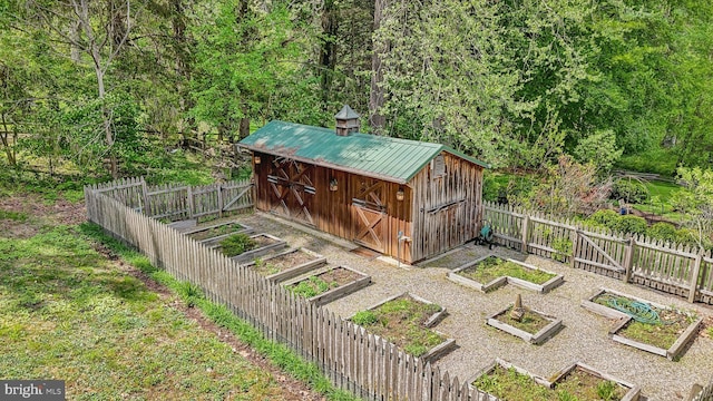 view of shed with a vegetable garden, a fenced backyard, and a forest view