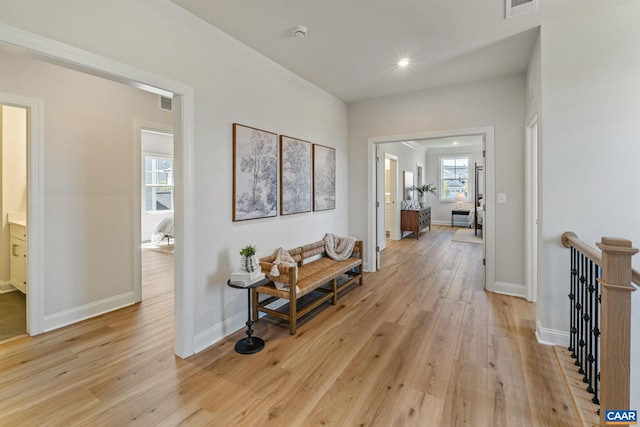 13A Sablewood Dr, Charlottesville, VA 22911 - hall with an upstairs landing, recessed lighting, baseboards, visible vents, and light wood-style flooring