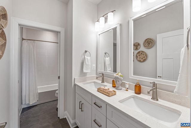 13A Sablewood Dr, Charlottesville, VA 22911 - bathroom featuring double vanity, tile patterned flooring, a sink, and shower / bathtub combination with curtain