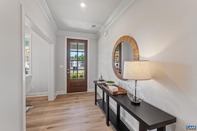 13A Sablewood Dr, Charlottesville, VA 22911 - foyer with light wood-style flooring, crown molding, baseboards, and visible vents
