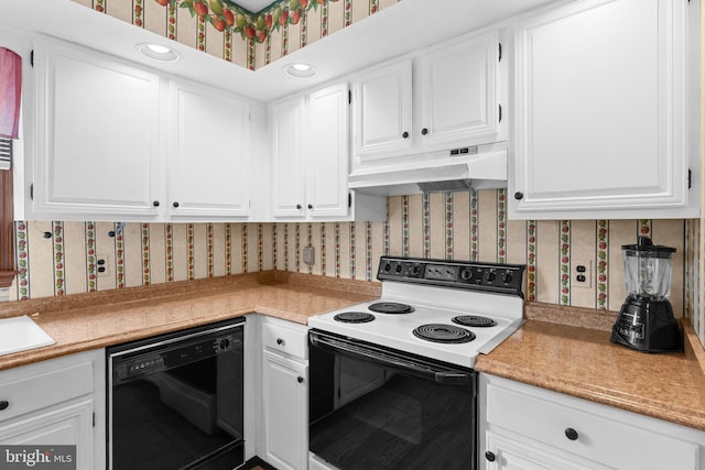 30 Stardust Dr, Newark, DE 19702 - kitchen featuring electric stove, black dishwasher, wallpapered walls, under cabinet range hood, and light countertops