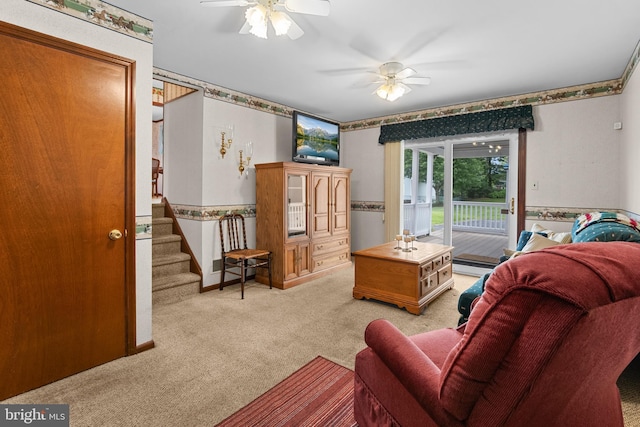 30 Stardust Dr, Newark, DE 19702 - living area featuring light carpet, a ceiling fan, stairway, and a baseboard radiator