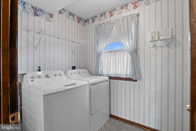 30 Stardust Dr, Newark, DE 19702 - washroom with wallpapered walls, washer and dryer, and baseboards