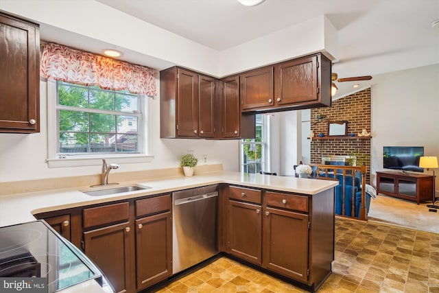 kitchen with a ceiling fan, dishwasher, a sink, light countertops, and a peninsula