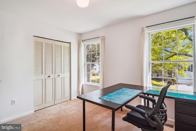 carpeted office featuring baseboards and plenty of natural light