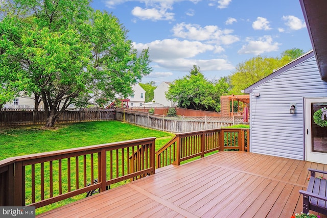 wooden terrace with a fenced backyard and a yard