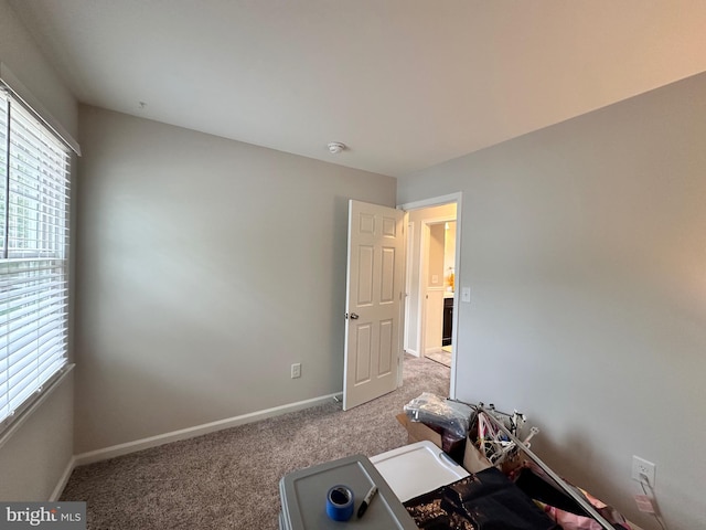interior space with baseboards and light carpet