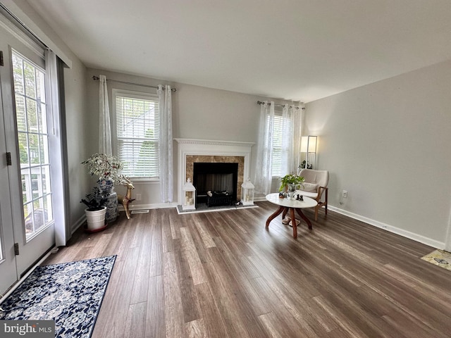 living area with baseboards, wood finished floors, and a premium fireplace