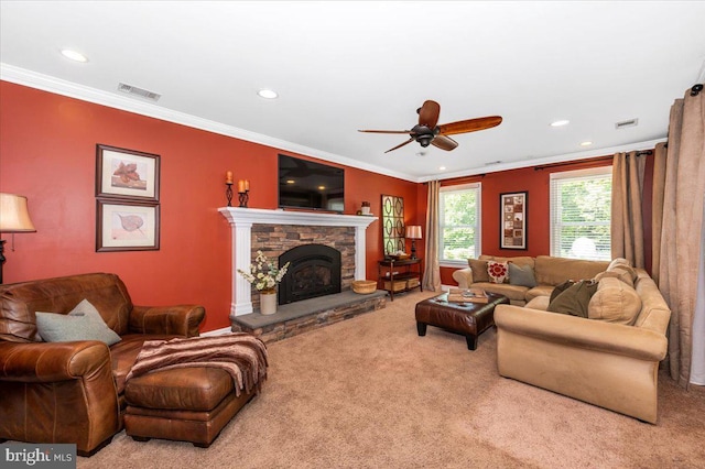 8412 Dasher Ct, Gaithersburg, MD 20882 - living room featuring carpet floors, a ceiling fan, crown molding, recessed lighting, and a stone fireplace