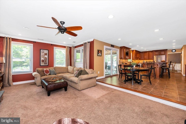 8412 Dasher Ct, Gaithersburg, MD 20882 - living area with baseboards, a ceiling fan, recessed lighting, and light carpet