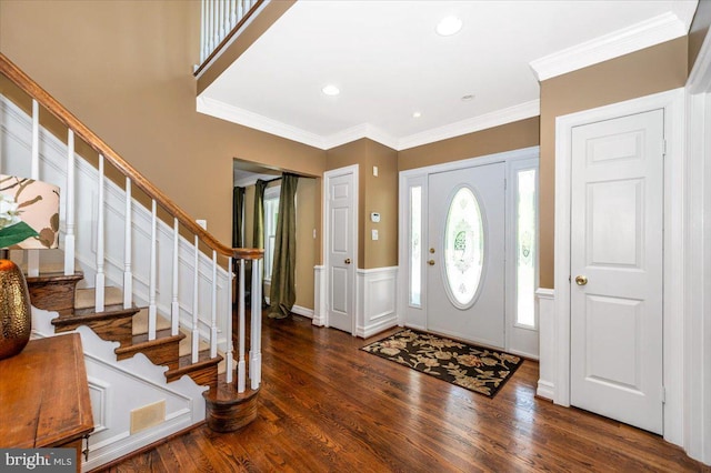 8412 Dasher Ct, Gaithersburg, MD 20882 - entryway featuring stairway, a wainscoted wall, wood finished floors, crown molding, and recessed lighting
